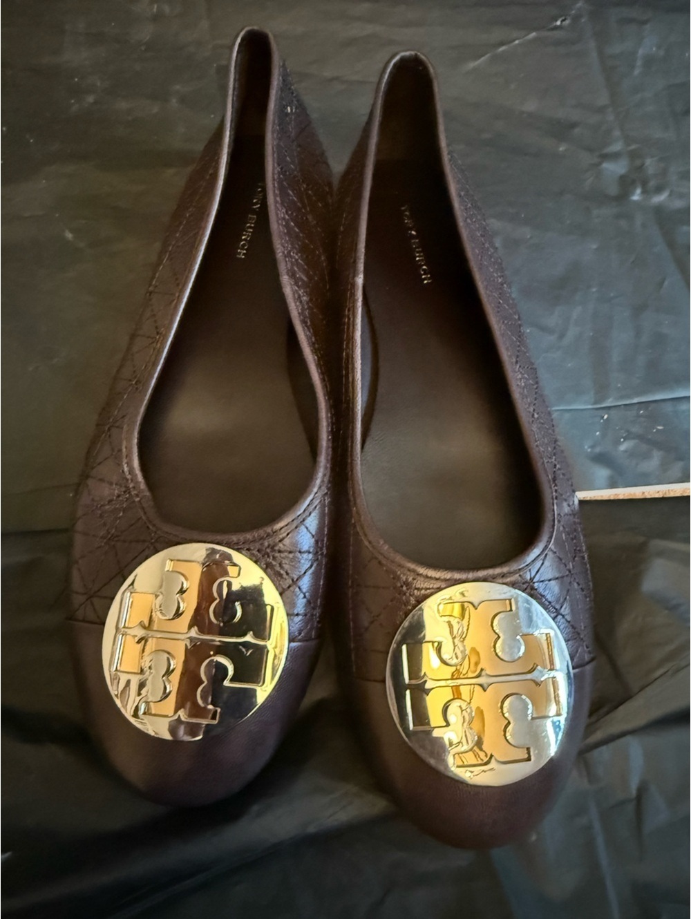 Authentic Tory Burch Dark Brown Leather Ballet Flats with Gold Logo 5